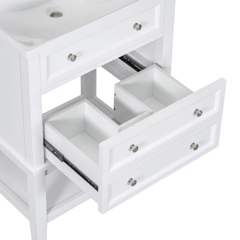 Roomfitters 24" Bathroom Vanity with Sink Storage Cabinet with Drawer and Open Shelf Solid Wood Frame, White