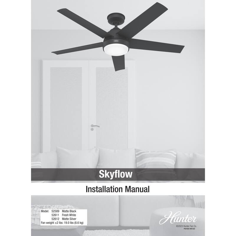 Hunter 52" Skyflow Outdoor Ceiling Fan w/ LED Light Kit, Wall Control - Coastal Modern Contemporary - WeatherMax - WET-RATED!