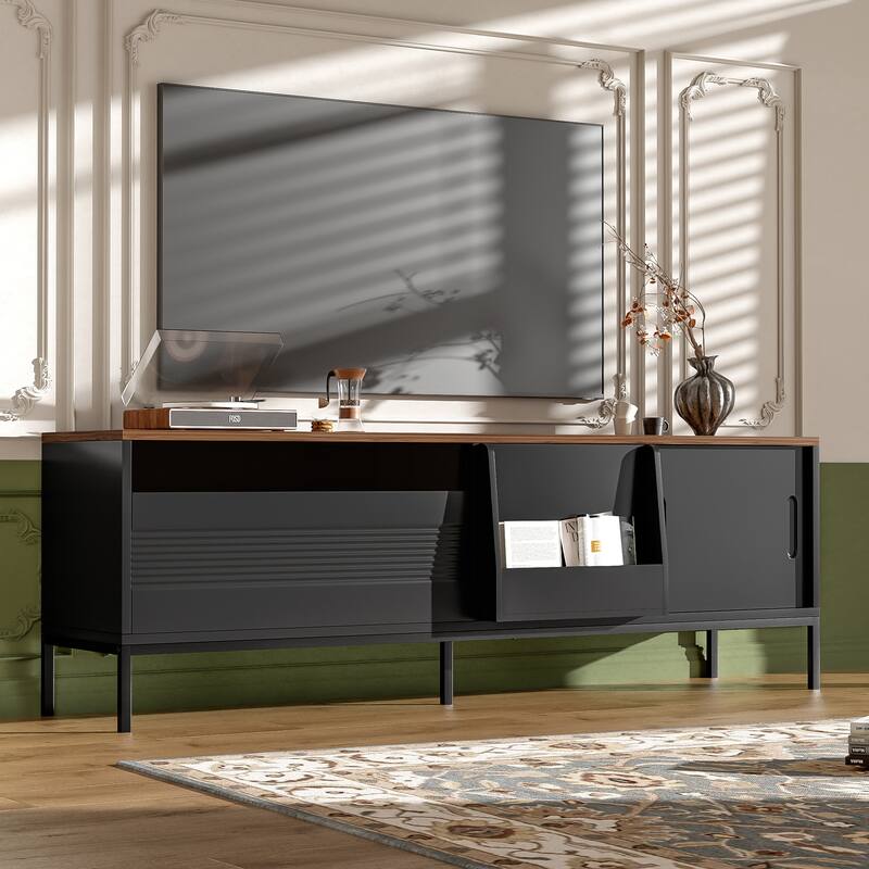 Farmhouse TV Stand for TVs up to 75 Inches, Sliding Doors TV Cabinet TV Console Table for Living Room