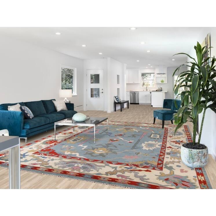 Light Blue Oushak Area Rug Hand-Knotted Floral Wool Carpet - 8'11"x 11'8"