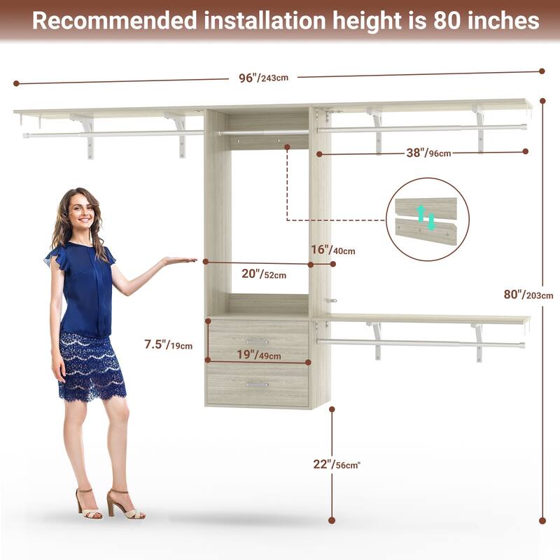 96'' Hanging Closet System with 3 Hanging Rod ＆ 3 Shelving Towers ＆ 2 Drawers,8FT Walk in Closet Organizer System
