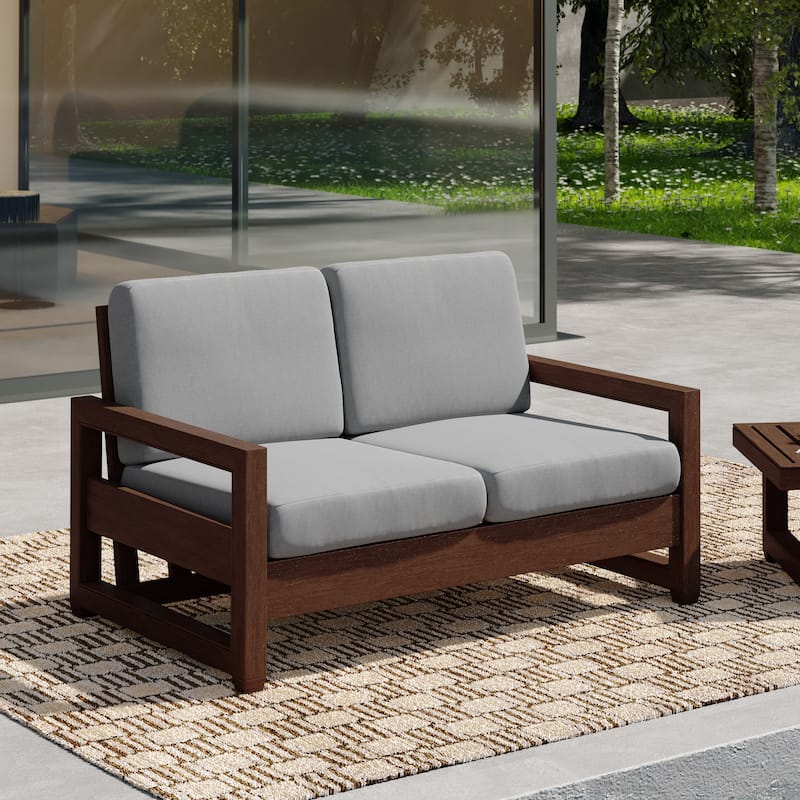 Patio Teak Wood Outdoor Loveseat with Cushion - Light Grey/ Dark Wood