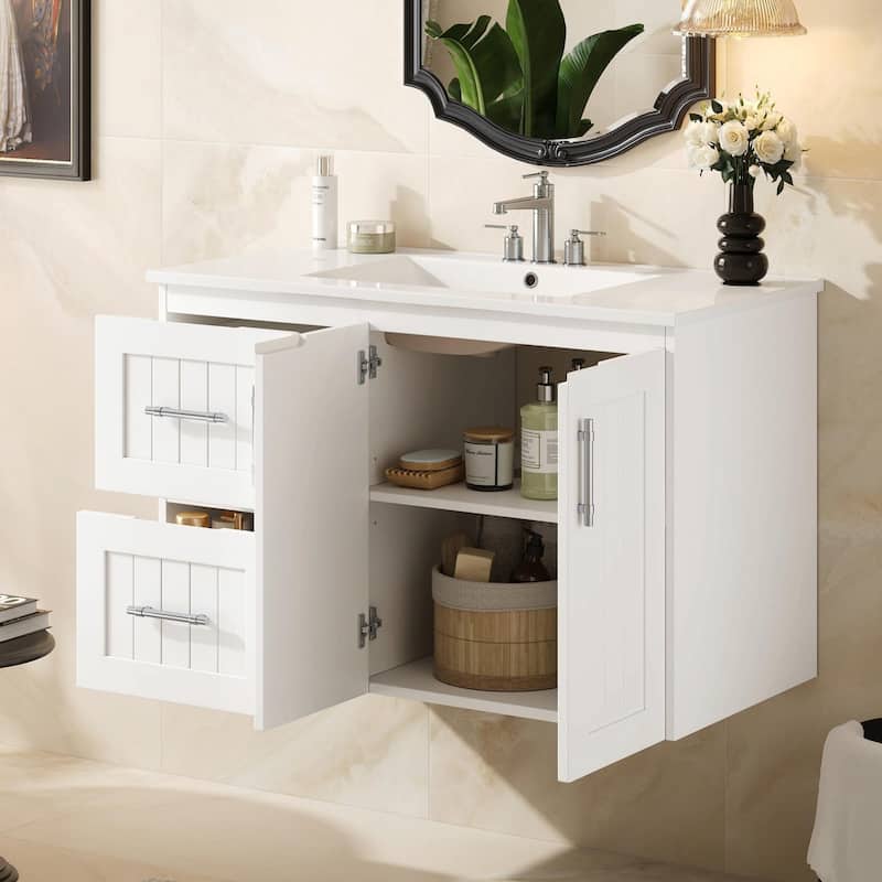36'' Wall Mounted Bathroom Vanity - Floating Bathroom Storage Cabinet with 2 Drawers, 3 Holes Single Ceramic Sink