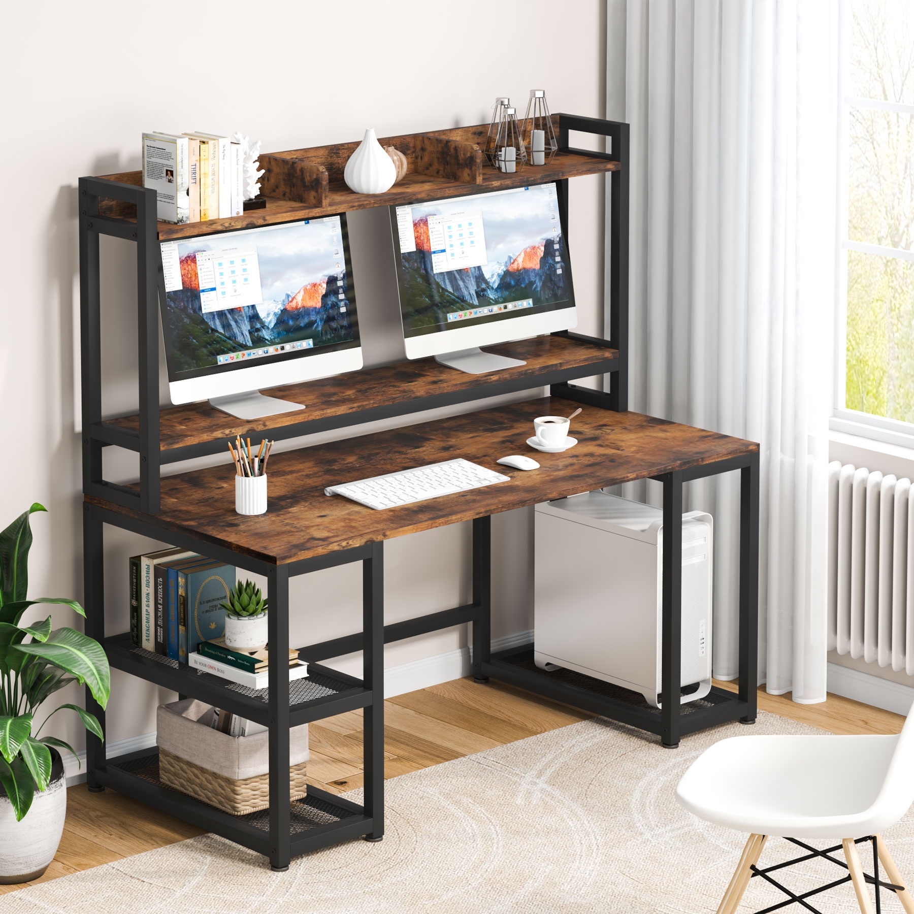 Tribesigns computer desk with online hutch and bookshelf