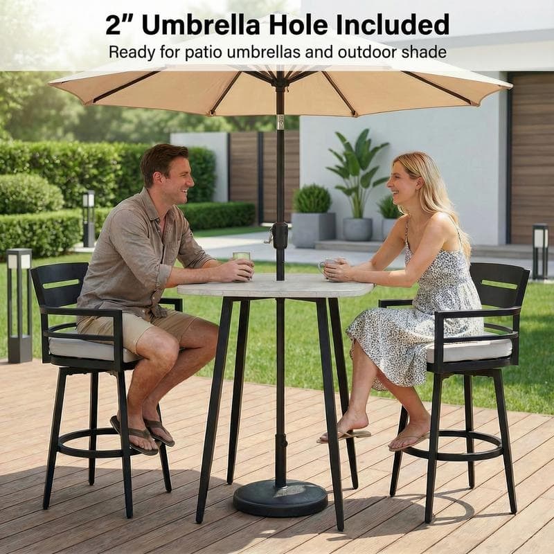 Outdoor Patio Bar Height Dining Set with Swivel Aluminum Bar Stool and Marble Patterned Dining table - N/A
