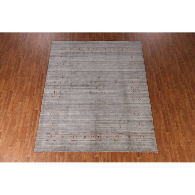 Gabbeh Indian Area Rug Hand-Knotted Grey Oriental Wool Carpet - 8'1" x 9'10"