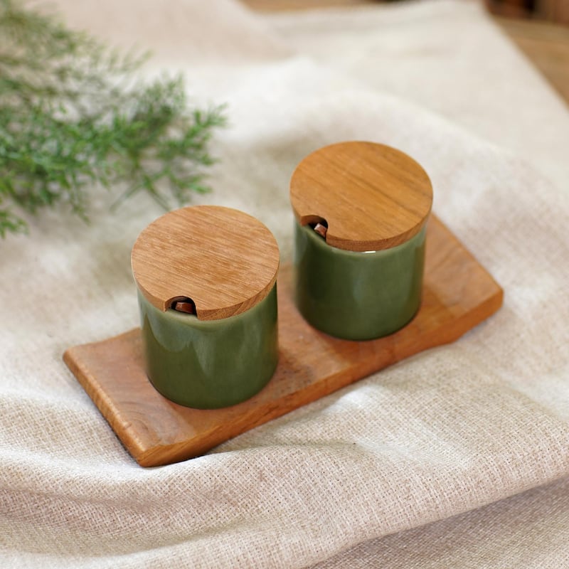 Novica Handmade Green Start Ceramic And Teak Wood Condiment Set (5 Pieces)