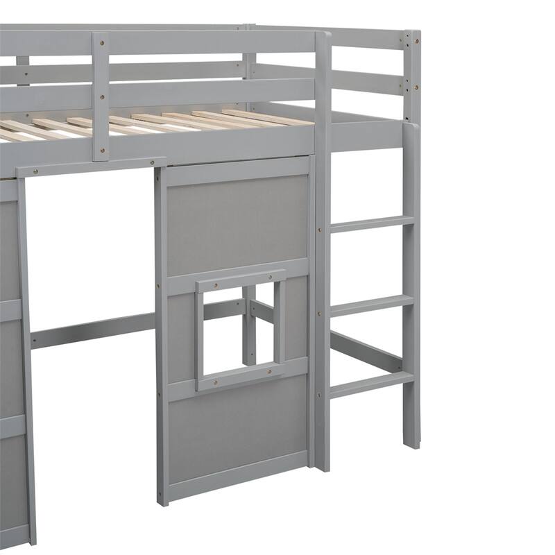 Twin Size Wood Loft Bed with Built-in Storage Wardrobe and Guardrails