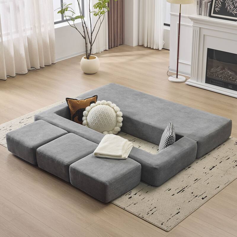 Convertible Sectional Sofa with 3 Storage Ottomans - High-Resilience Foam Sleeper, Space-Saving Grey Chenille Floor Sofa