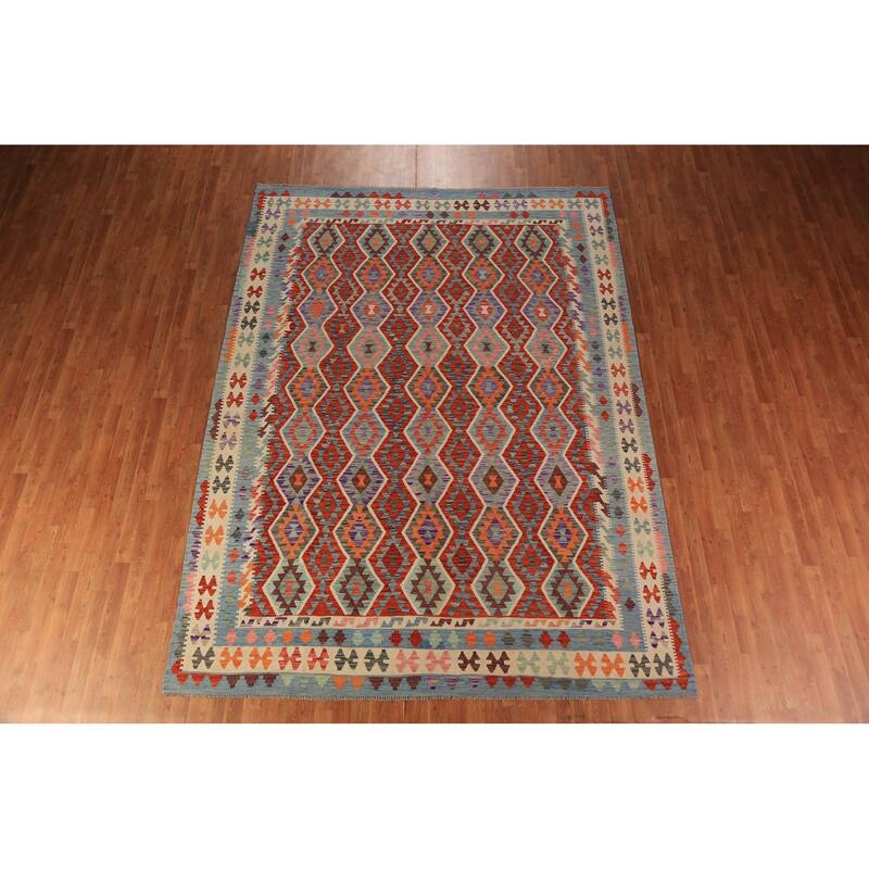 Geometric Kilim Area Rug Flatweave Oriental Wool Carpet - 8'4"x 11'2"
