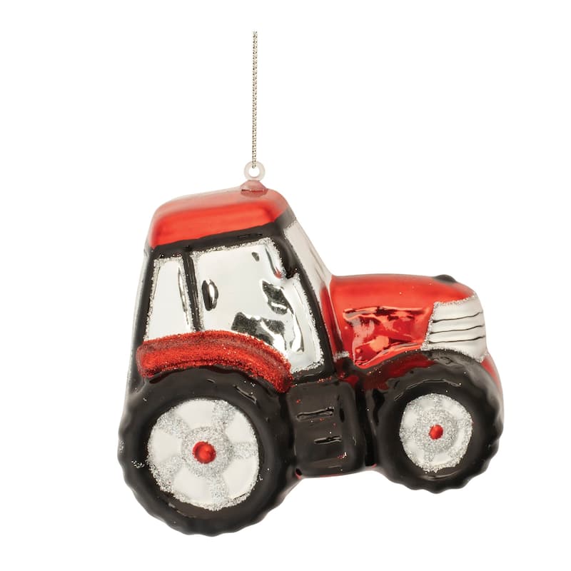 Glass Glittered Tractor Ornaments Set of 6 with String Hangers - 3” x 3.25” x 3.5” (L x W x H) - Silver/Red