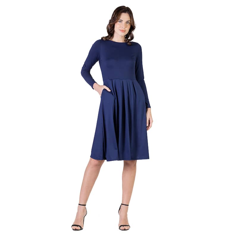 24seven Comfort Apparel Midi Length Fit N Flare Pocket Dress - Navy - L