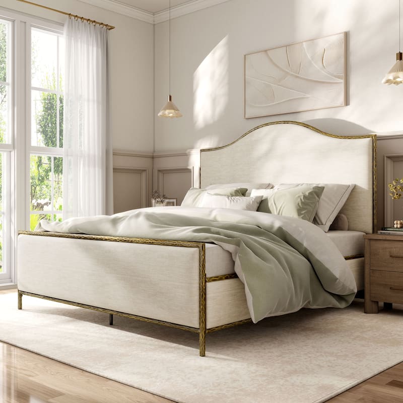 247 Shop At Home Lalia Modern Beige Upholstered Hammered Metal Camelback Bed - Matte Gold - King