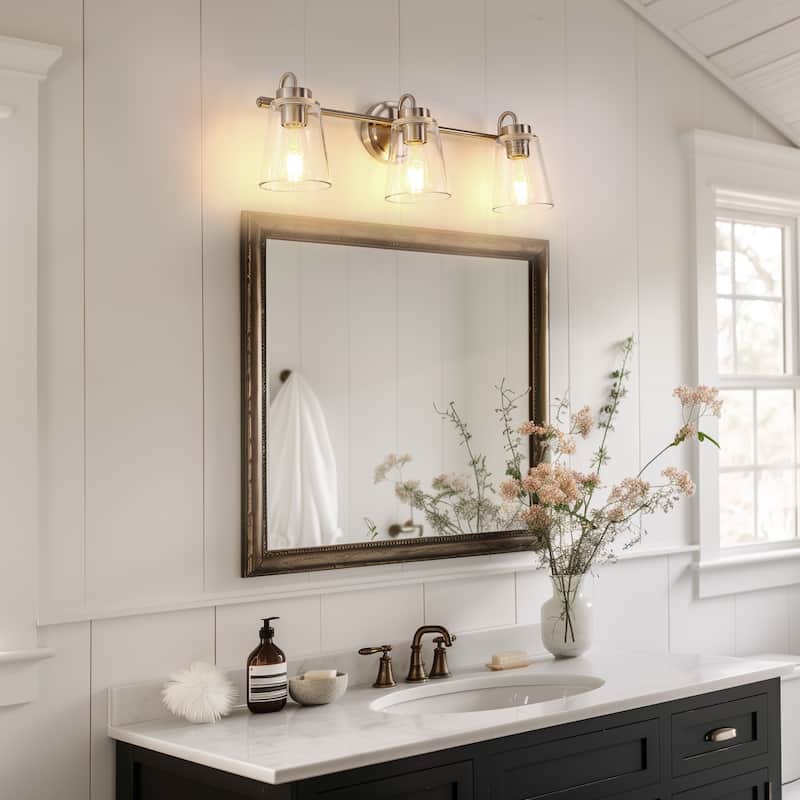3-Light Brushed Nickel Cylinder Modern Bathroom Vanity Light with Clear Glass Shade,Wall Lamp for Mirror Kitchen Bedroom