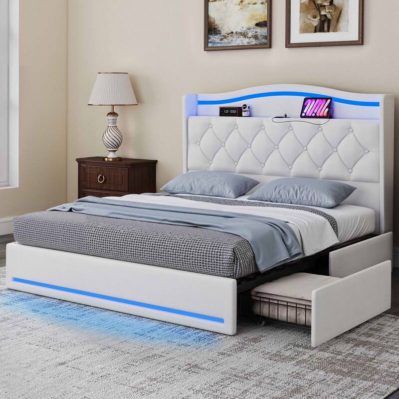 Moasis Queen Size Velvet Upholstered Bed Frame with 4 Storage Drawers & RGB Lights