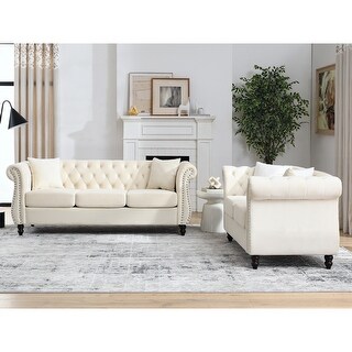 Tufted Chesterfield Sofa Set Velvet Sectional Sofa w/Nailhead, Beige ...