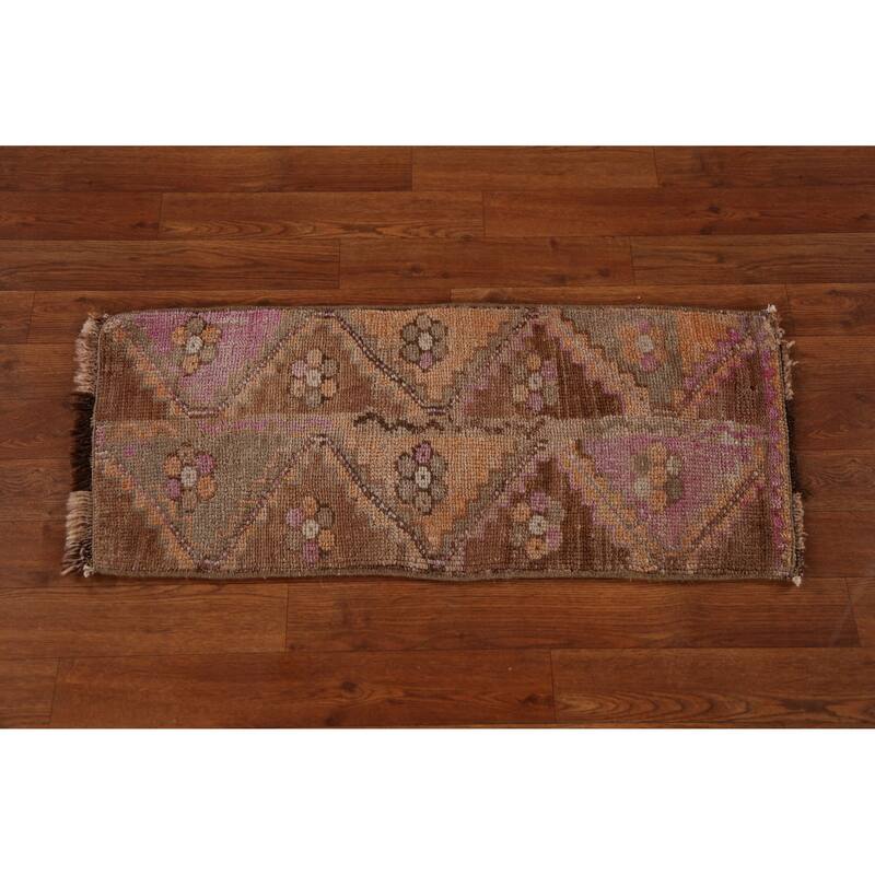 Hand Knotted Oriental 100% Wool Carpet Transitional Tribal Brown Anatolian Runner Rug - 2' 10'' X 1' 3''