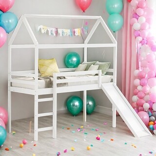 Twin House Bed with Slide,Loft Bed with Slide,LED Light,Twin Size Loft Bed,Maximum Storage Space