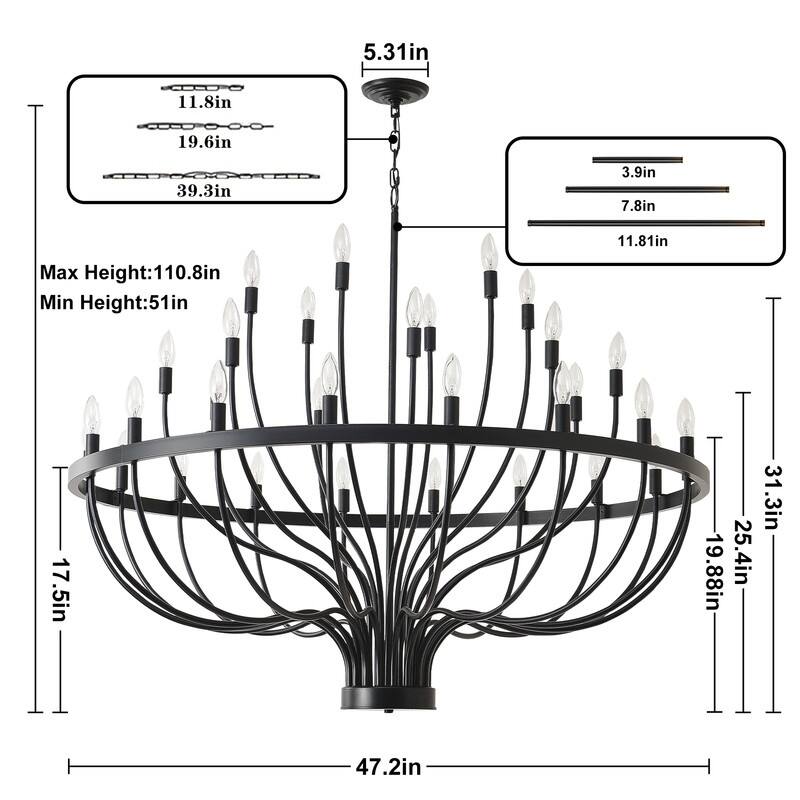Black Chandelier, Modern Farmhouse Chandelier for Dining Room, Round Industrial Candle Chandeliers
