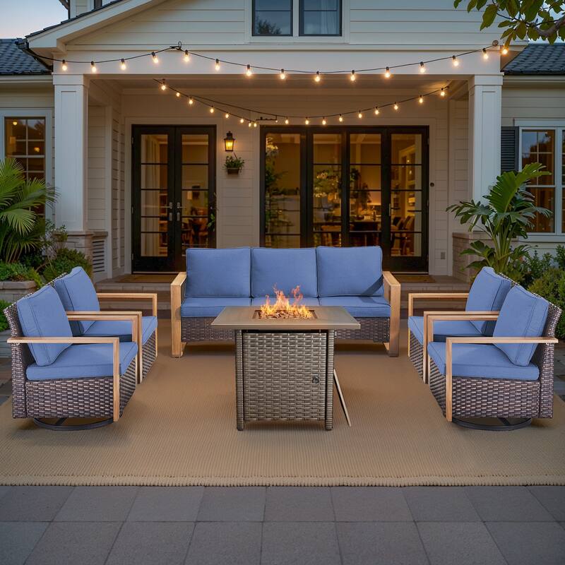 Pocassy 4/6/8PCS Sofa Swivel Chair with Fire Pit Table Set - Brown Wicker Blue Cushion - 6-Piece Sofa Swivel Chair with Fire Table
