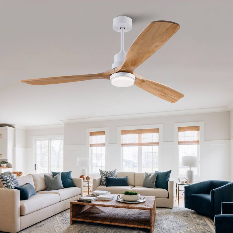 60 Inch Modern Ceiling Fan With 3 Color Dimmable 3 Solide Wood Blades Remote Control Reversible DC Motor With Led Light - Oak Natural Wood + Antique White