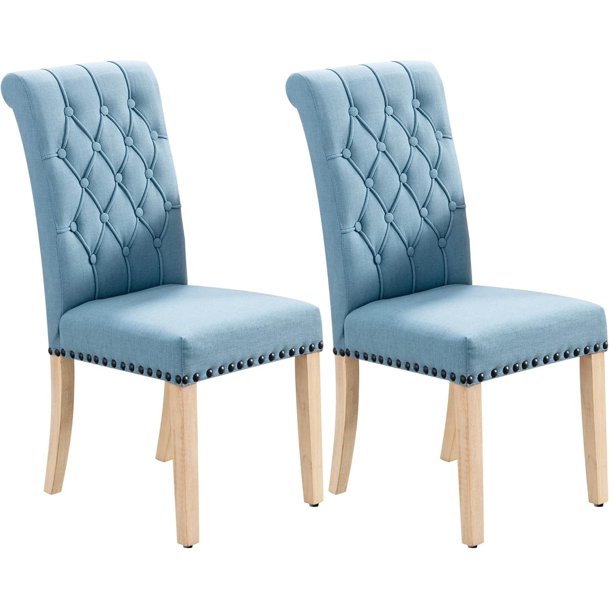 Set of 2 Light Blue Fabric Linen Dining Chairs with Tufted Back and Wood Legs