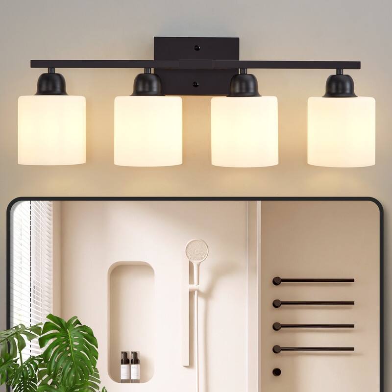 Modern Bathroom Vanity Light With Frosted Milk Glass Shades - 4-Lights - Black