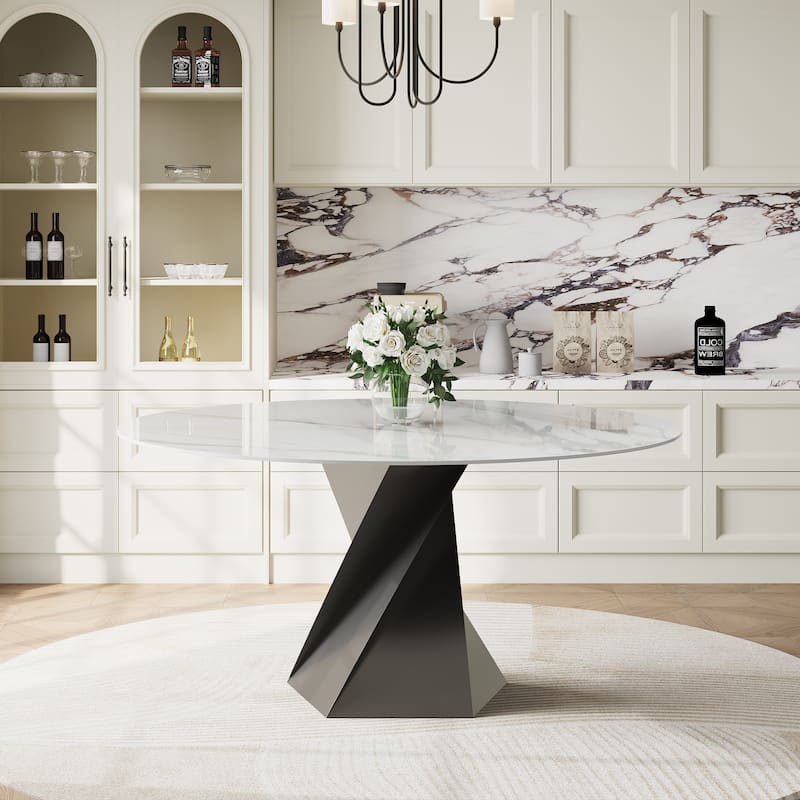 59" Modern Round Dining Table for 6-8, Glossy White Sintered stone Table top, Steel Grille column base