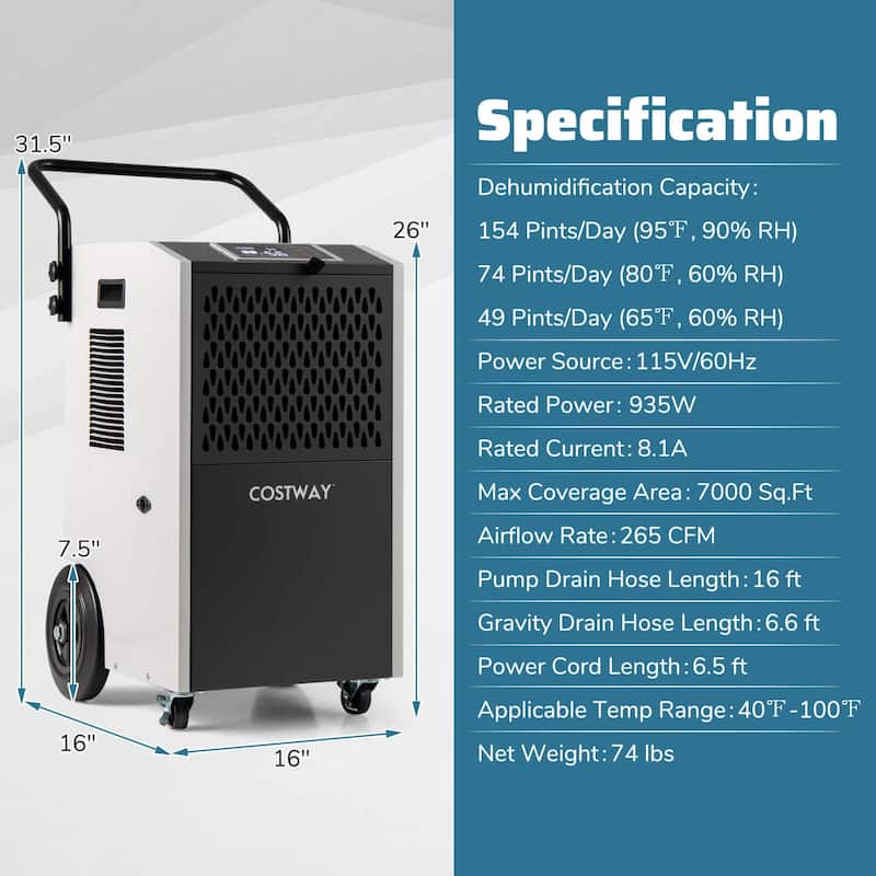 Costway 154 Pints Commercial Dehumidifier with Pump Drain Hoses for - See Details