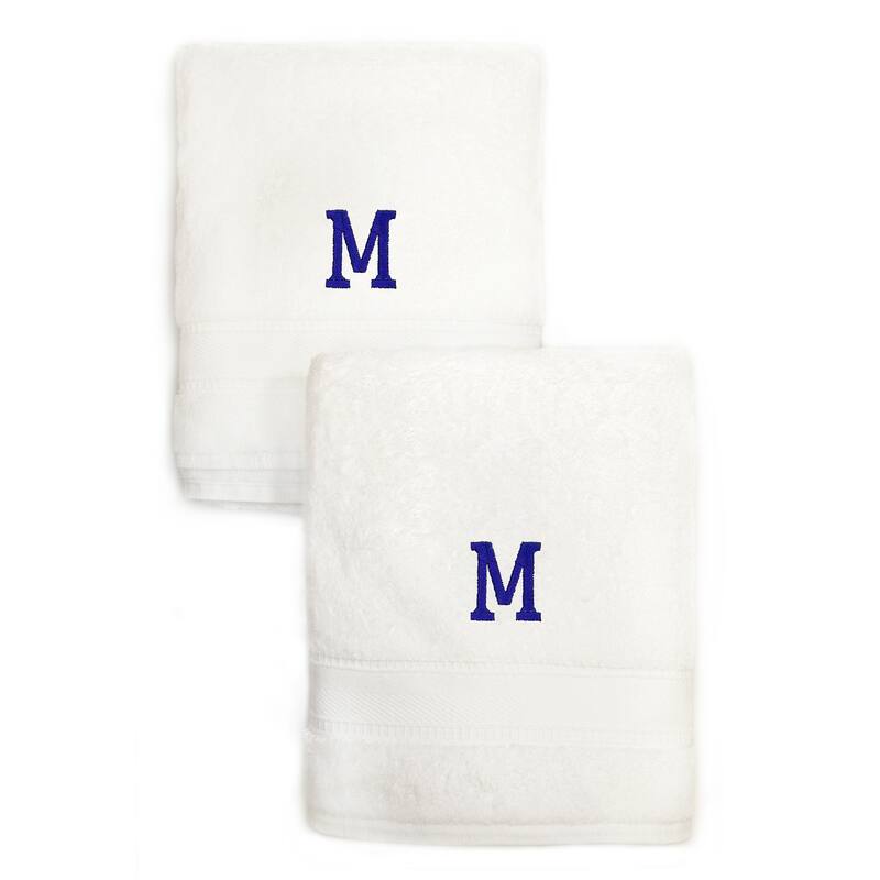 Sweet Kids 2-piece White Turkish Cotton Hand Towels with Royal Blue Monogrammed Initial - White/M