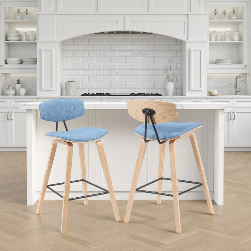 Fox Mid-Century Bar Stool, Upholstered Counter Height Chair with Bentwood Legs - Set of 2 - Light Blue Fabric & Oak - Counter Height
