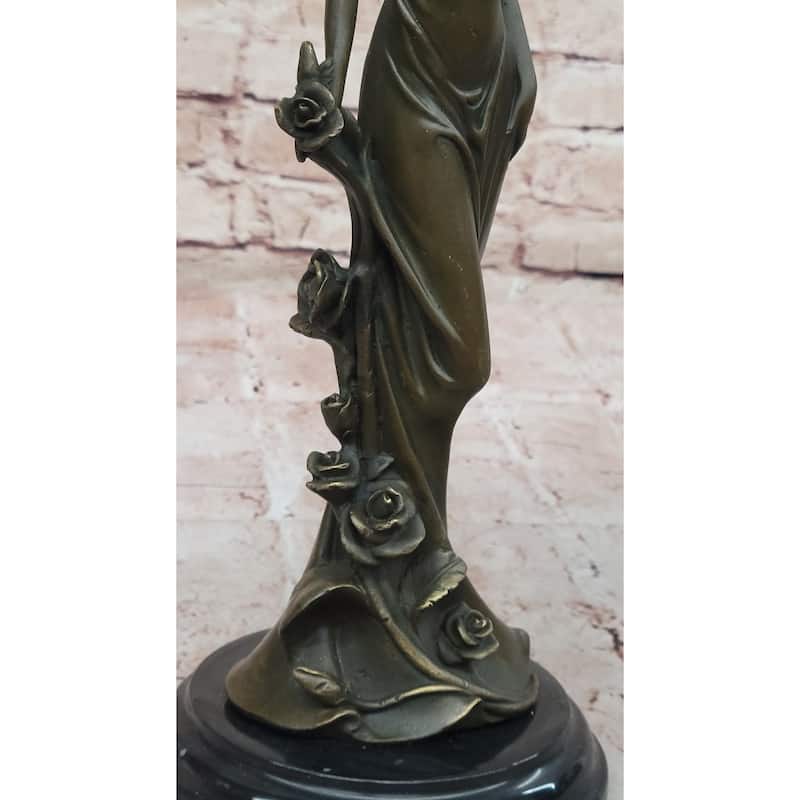 Bronze Lady With Roses Figurine – Art Nouveau Style Sculpture On Marble Base By Kin