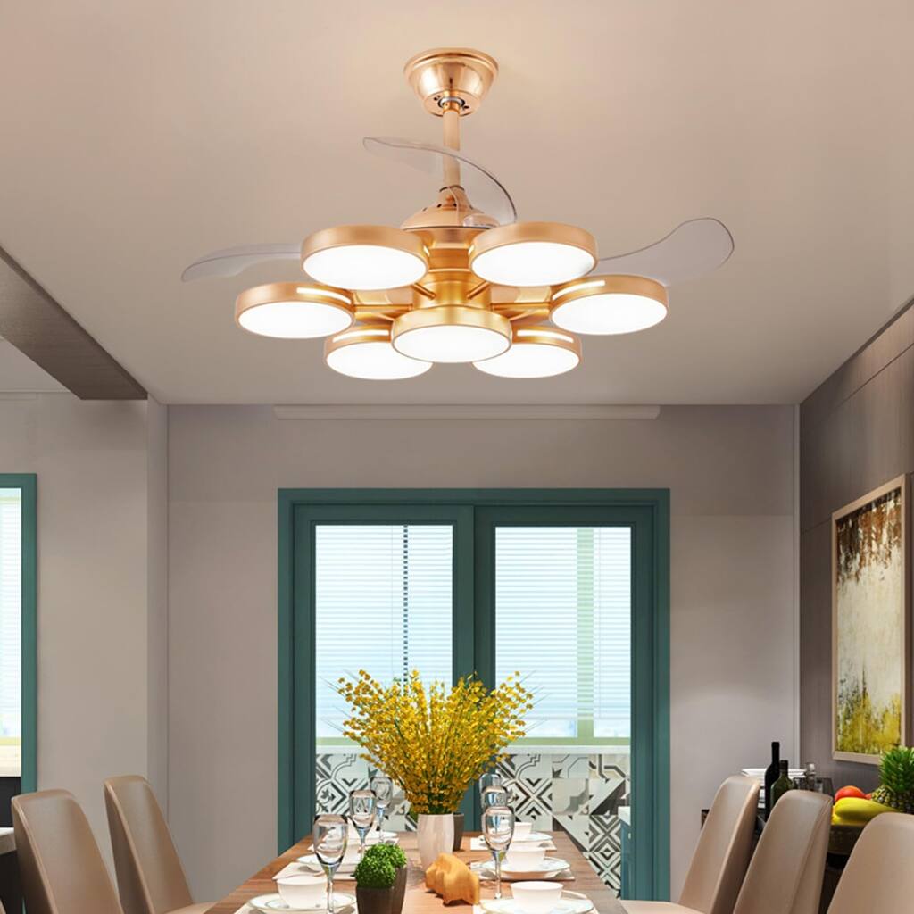 Gold Fandelier Ceiling Fan with Light and Remote，LED Retractable Ceiling Fan for Living Room Bedroom, Timing, 6 Speeds