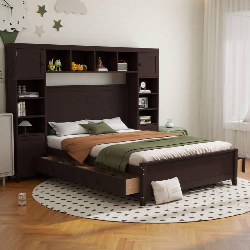 Wooden Bed with Integrated Cabinet and Shelves