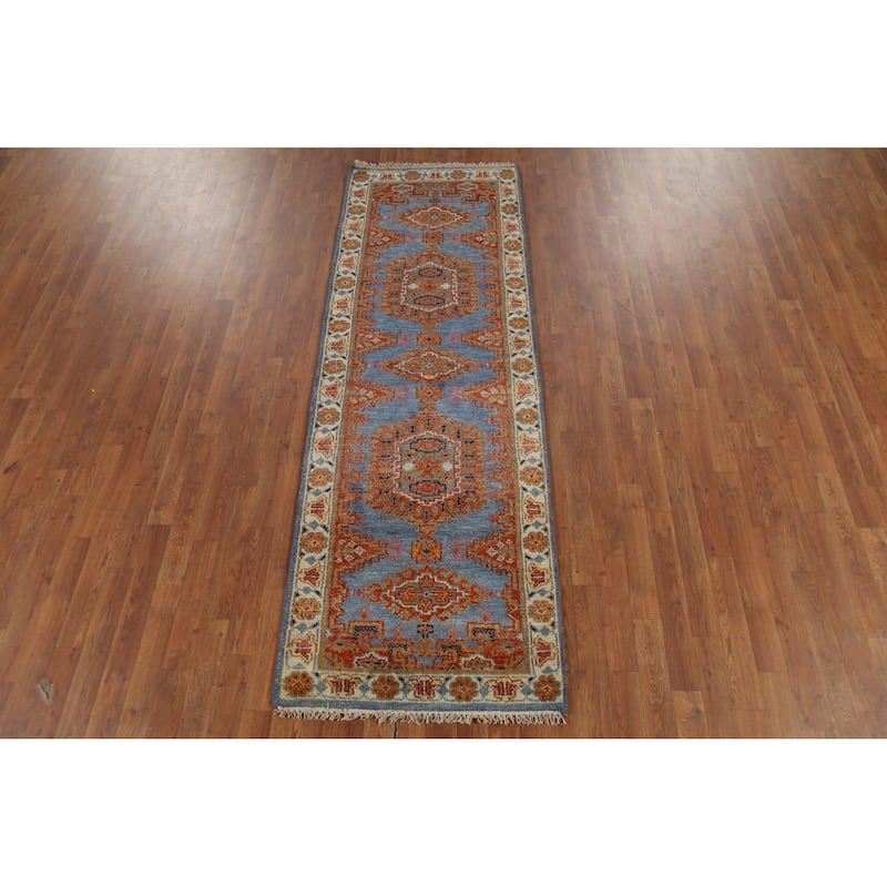 Blue Geometric Khotan Indian Runner Rug Hand-Knotted Wool Carpet - 2'8"x 7'10"
