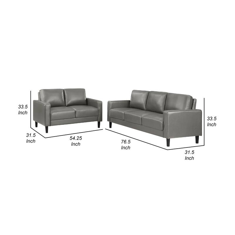 Rumi 2pc Sofa and Loveseat Set, Modern Track Arms, Gray Faux Leather