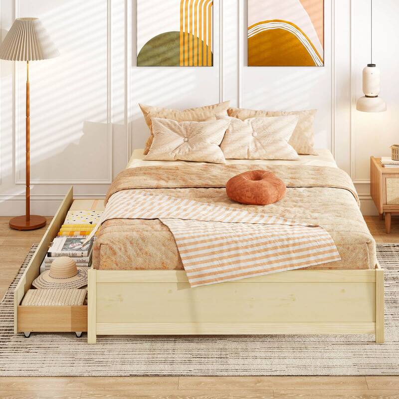 Costway Full/Queen Size Wooden Platform Bed with 2 Rolling Storage