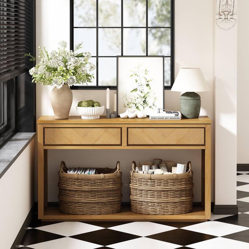 Rustic Wooden Console Table with Drawers and Shelf - Natural