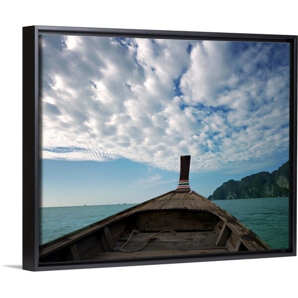 Shop Long Boat In Sea With Cloudy Sky And Mountain In