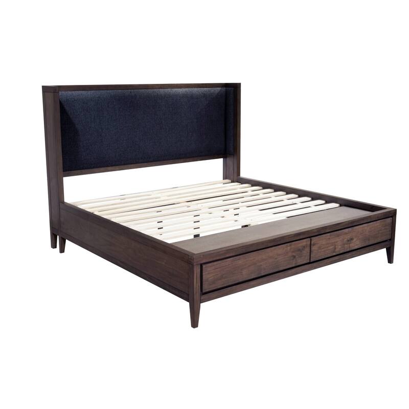 Enzo Queen Storage Bed, Linen Upholstered Headboard, Brown Mahogany Wood