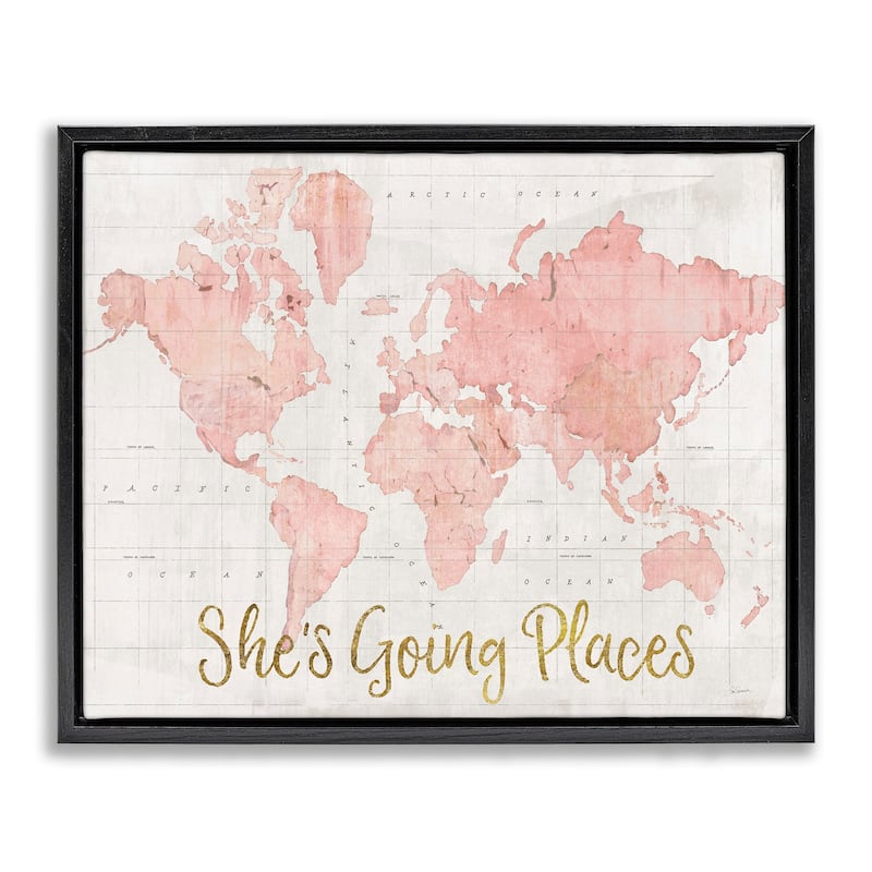 Stupell She's Going Places Quote Pink Watercolor World Map Floater Frame - Beige