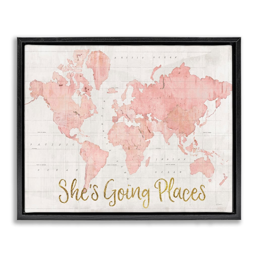 Stupell She's Going Places Quote Pink Watercolor World Map Floater Frame - Beige