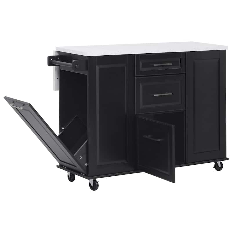 50.7" Rolling Kitchen Island - Drop Leaf, 2 Drawers, Tilt Trash Cabinet & Organizer on 5 Wheels