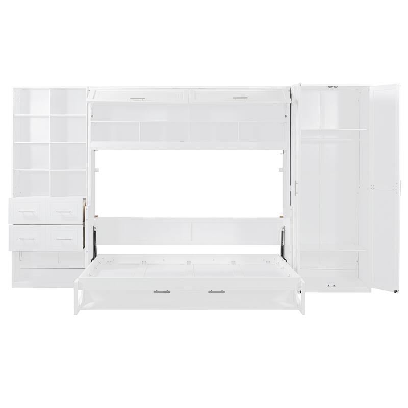 Full Size Wall Bed with Closet, Drawers, and Shelves in White