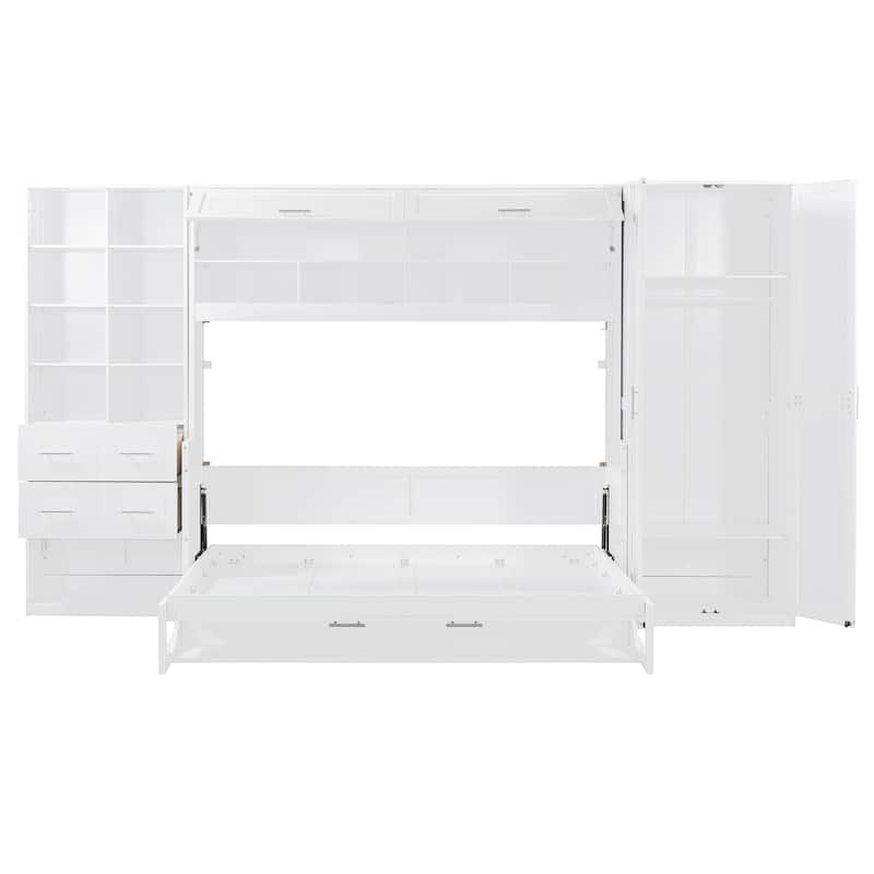 Large Murphy Bed Hideaway Wood Wall Chest Bed with Closet and Drawers, Versatile Storage Cabinet Bed Frame with Shelves