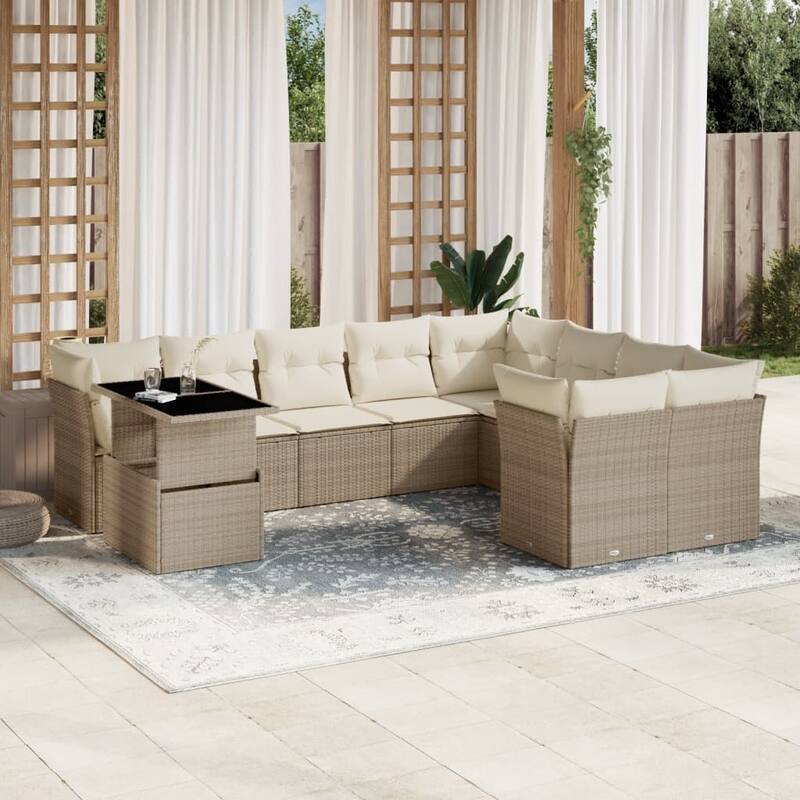 10-Piece Outdoor Sofa Set with Cushions - 21.7 x 39.4 x 28.7 in - Beige and cream