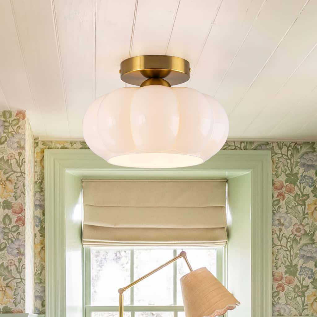 Contemporary 1-Light Dome Ceiling Light with Opal Glass Shape - Brass - 9.8" W × 6.5" H