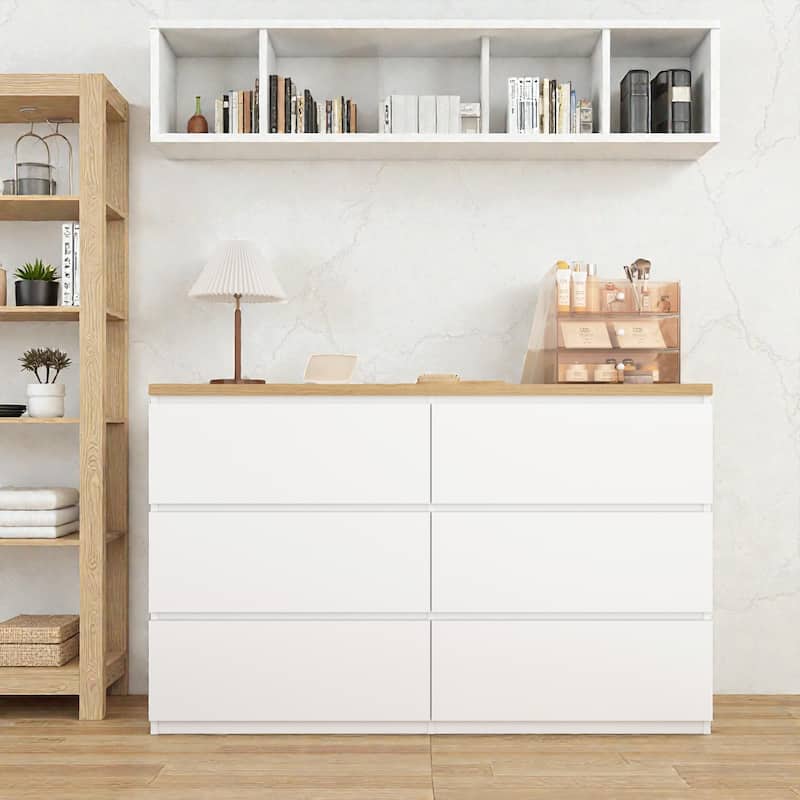 6 Drawer Dresser, Wide Chest of Drawers, Modern Wood Storage Cabinet Clothes Organizer for Bedroom and Entryway - Wood