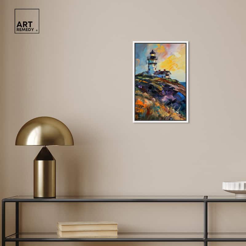 Art Remedy Colorful Lighthouse Framed Impressionism 1 Piece Canvas Wall Art /Monet And Van Gogh Inspired Art