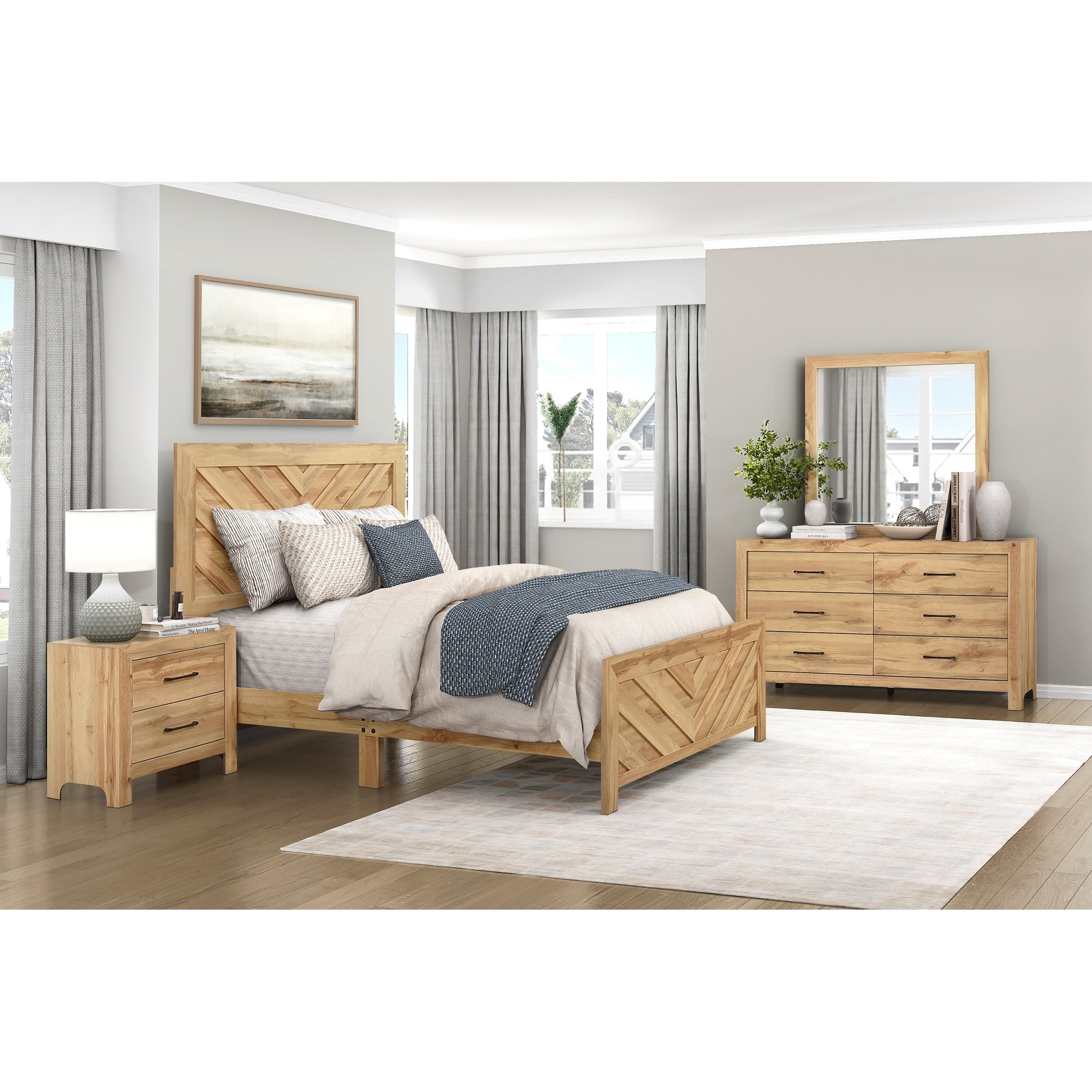 Modern Bedroom Set Chevron Pattern Bed Nightstand Dresser Mirror Natural Finish